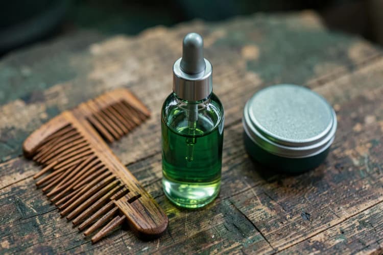 Conjunto de produtos para barba em cima de uma bancada de madeira