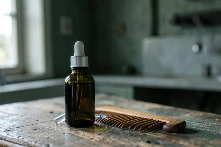 Frasco de óleo de barba com conta-gotas ao lado de um pente de madeira sobre uma superfície rústica.