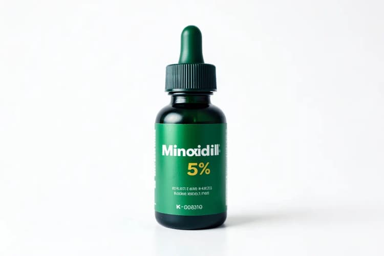 Frasco de Minoxidil 5% com conta-gotas em fundo branco.