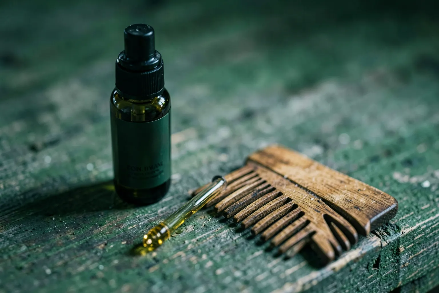 Frasco de óleo de barba com conta-gotas ao lado de um pente de madeira sobre uma superfície rústica.