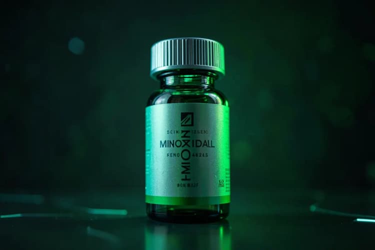 Close-up de um frasco de Minoxidil com rótulo